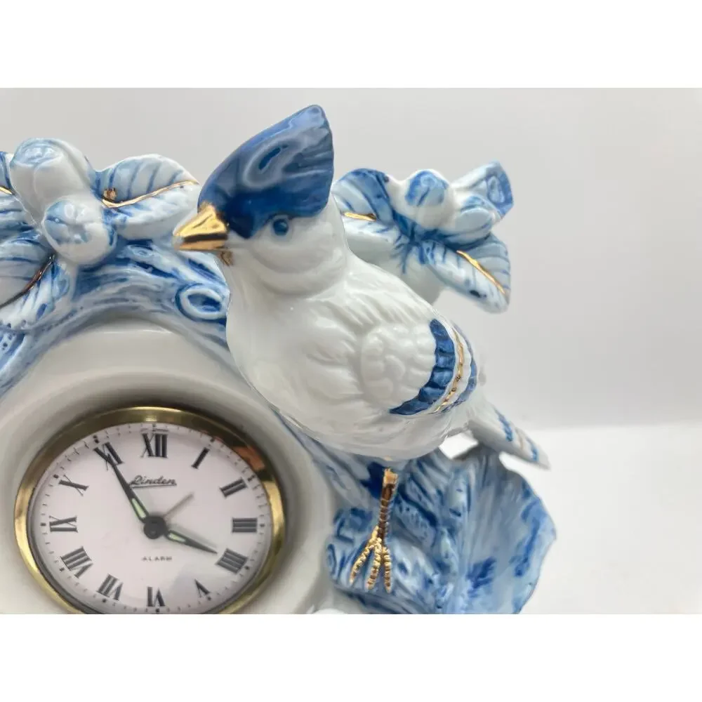 Vintage Linden Mechanical Mantle Alarm Clock Porcelain Blue Jay Gold Accents